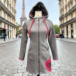 Desigual Gray Red Heart Graphic Sweat Anne Long Hoodie Hooded Zip Jacket Size SM